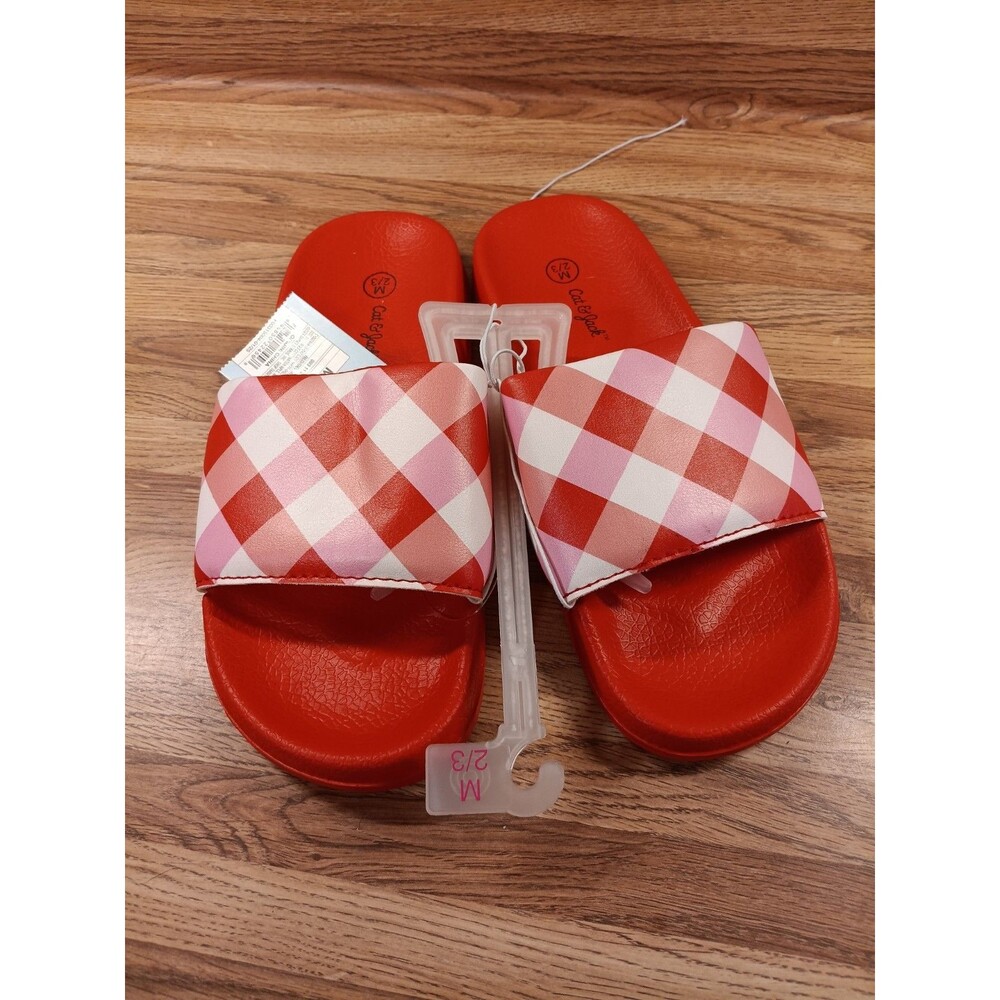 Cat & Jack Kids Devon Slide Sandals Size 2/3 Red/Pink/Gingham